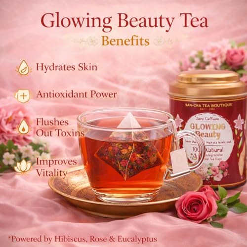 Image of Sancha Tea Boutique, Glowing Beauty Tea, Caffeine Free Herbal Tisane, 25 Pyramid Bags, Supports Skin Glow & Skin Health