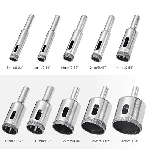 Diamond Drill Bits, Baban 10Pcs Hole Saw Diamond Drill Bit Hollow Core Drill Bit Set for Diamond Coating, Carbon Steel for Glass, Ceramics, Porcelain, Ceramic Tile, Marble, 6-32mm