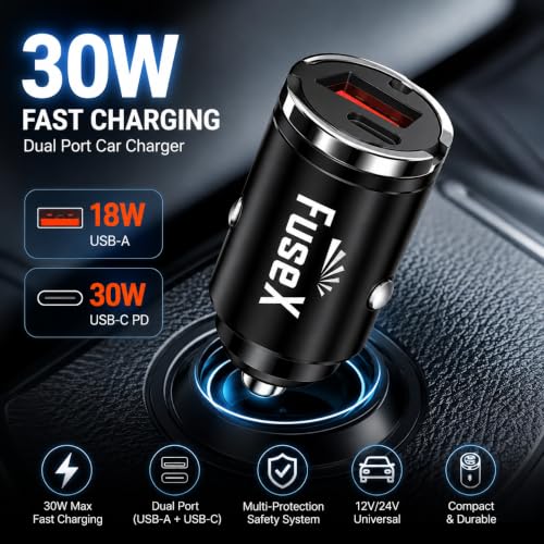 Image of FuseX 30W Fast Car Charger | USB-C PD + USB-A Fast Charging Adapter | Dual Port Car Mobile Charger for iPhone 17 /16 /15 /14, Samsung, OnePlus, Android Devices | 12V /24V