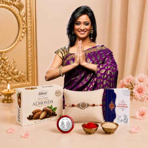 Image of DeoDap Designer Round Rudraksha Beads Rakhi for Brother, Choco Coated Almonds Chocolate 32gm, Pooja Coin, Roli Chawal & Card | Rakhi with Chocolate Combo for Raksha Bandhan