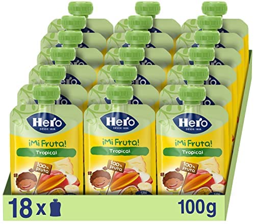Hero Solo Mi Fruta Bolsitas de Fruta sabor Tropical - Para Bebés a Partir de los 6 Meses - Pack de 18 x 100 g