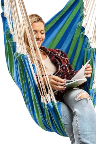 Image of Hanging Hammock Chair Swing - Outdoor & Indoor - Hammock Swing Chair | Footrest, Spacious XL Seat, For Adults, Cotton Blend, All Hardware Included, Ceiling Mount, Bedroom to Porch Use