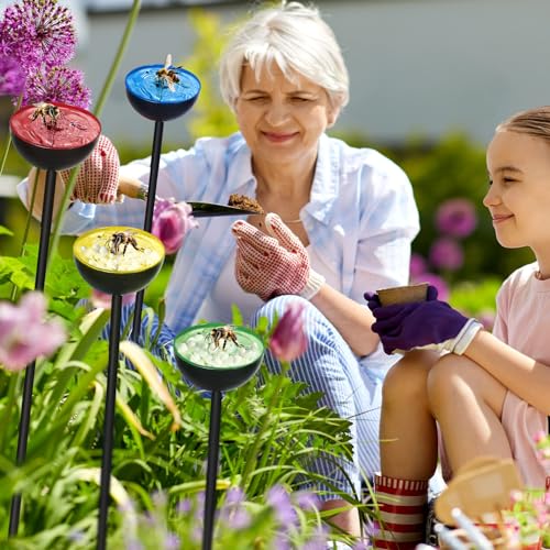 Lineshading 4 Pcs Bee Watering Station Butterfly Water Catcher Cups Small Insects Bee Feeders for Outside Feeding and Watering Metal Garden Stakes Garden Sculpture Decor