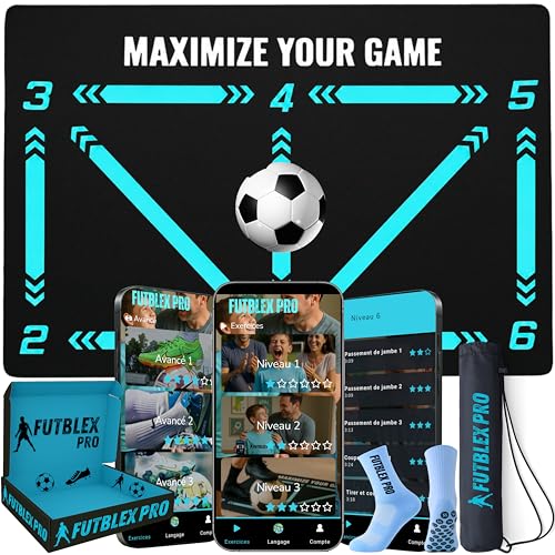 Tapis Entrainement Foot – Inclut une Application d’Entraînement avec Vidéos Interactives et Programmes Progressifs + Chaussettes Antidérapantes, Sac de...