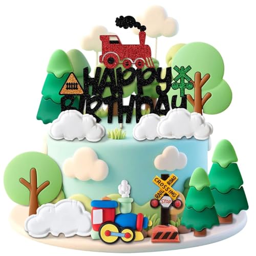 Lot de 9 décorations de gâteau de train, thème de train, fête d'anniversaire, articles d'anniversaire pour garçon, nuages, arbre, moyen de transport,...