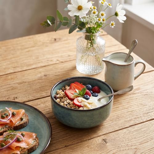 Image of Ceramic cutlery set, 16 pieces, 4-serving, modern style, includes salad plate and cereal bowl, microwave and dishwasher safe, misty green.