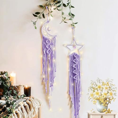 Image of Moon Star Dream Catcher Decor,2pcs Boho Home Moon Star Dreamcatcher,Macrame Wall Hanging Boho Home Decor for Kids Baby Bedroom Decoration for Women Girls Craft Holiday Gifts Purple