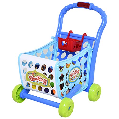 HOMCOM Set de Carrito de Compras para Niños Mayores de 3 Años Juego de Roles Educativo Juguete Infantil con 38 Piezas Coordinación 41,5x33,5x48,5 cm Azul