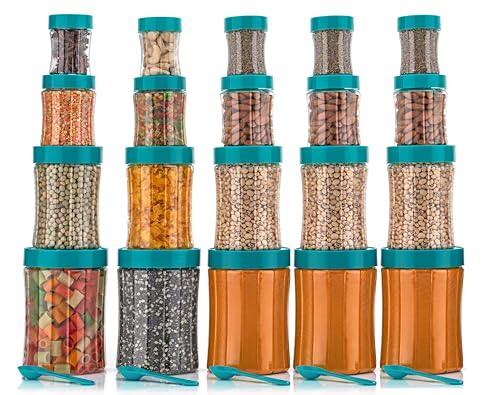 Image of Black Olive Storage Organizer Container Set - Transparent Jar Set for Kitchen with Lids & Spoons, 1200ml, 650ml, 350ml & 250ml Dabba Box for Spices, Snacks, Grocery & Dry Fruits (Green, 20pc)
