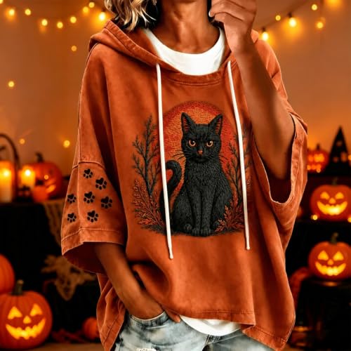 Halloween Hoodies for Women Fall Funny Black Cat Pumpkin Print 3/4 Sleeves Crewneck Casual Sweatshirts - image 2