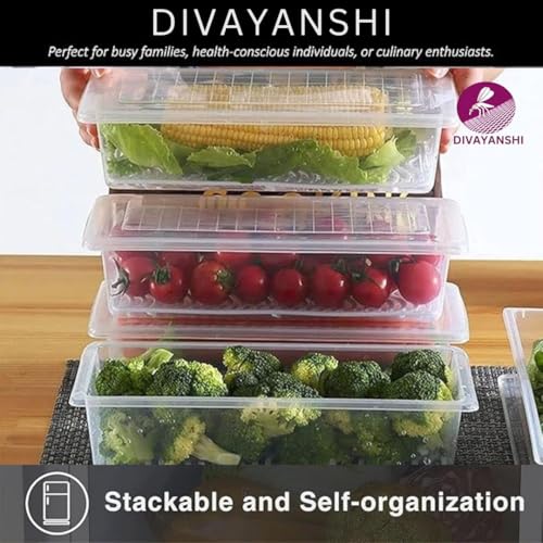 Image of DIVAYANSHI Fridge Storage Containers (Pack Of 5), Fridge Organizer with Removable Drain Plate & Secure-Sealing Lids, Fridge Storage Boxes Keep Fruits, Vegetables Fresher, Container Box, 1500 ML