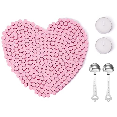 Veganes Siegelwachs Perlen 300 Stück, Wachs Siegel Achteckige Siegelwachsperlen mit 2 Teelichtern 2 Schmelzlöffel, Umschlägen, für Hochzeitseinladungen, Karten, Briefe Rosa Cover