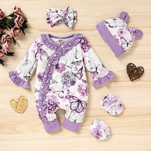 Image of GRNSHTS Newborn Girl Floral Jumpsuit Baby Girl Long Sleeve Ruffle Romper Overall Coming Home Outfits