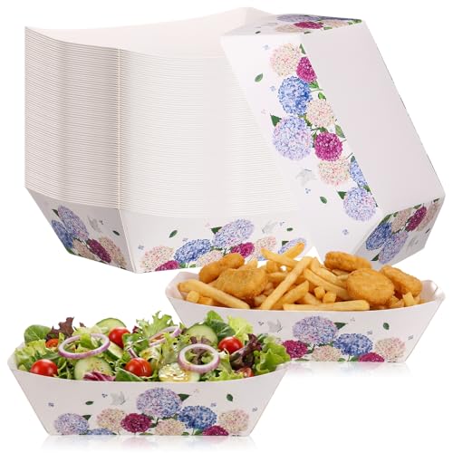 LemonRoad 50 Pcs Colorful Hydrangea Paper Plates Colorful Floral Disposable Waterproof Food Bowl Tray 1 lb Berry Plates Bulk for Baby Shower Summer Themed Birthday Party Supplies