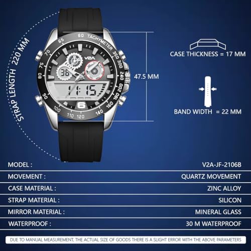 Image of V2A Men's Multifunction Analog-Digital Sports Watch - Dual Display, Quartz Movement, Zinc Alloy Case, Stopwatch, Alarm, 30M Water Resistant, Silicone Strap, Tachymeter Bezel