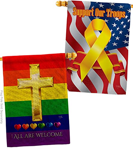Breeze Decor All are Welcome Burlap House Flag Pack Support Pride Rainbow Love LGBT Gay Bisexual Pansexual Transgender Our Troops Decoration Banner Small Garden Yard Gift Double-Sided, Made in USA