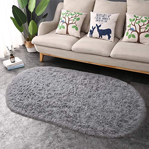 Junovo Oval Fluffy Ultra Soft Area Rugs For Bedroom Plush Shaggy Carpet For Kids Room Bedside Nursery Mats, 2.6 X 5.3Ft, Grey #TOP4