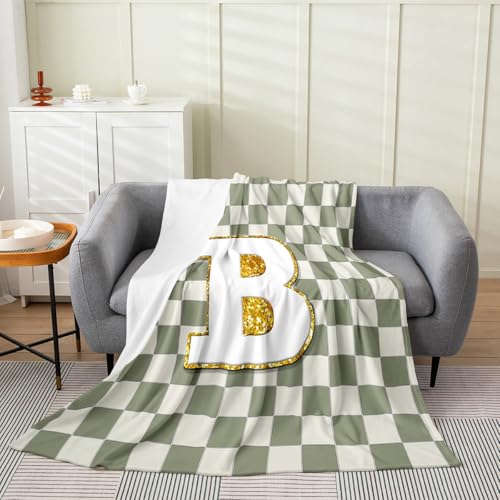 Image of Erosebridal Sage Green Checkered Fuzzy Plush Throw Plaid Initial B Fleece Blanket Personalized Monogram Flannel Blanket for Kids Boys Girls,Fashion Grids Gingham Decor for Bed Couch Queen 90 inchx90 inch