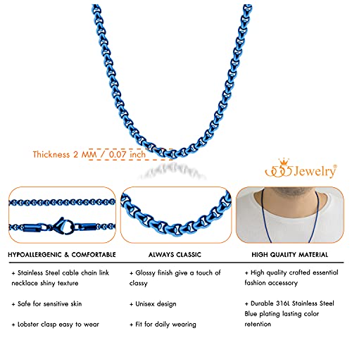 555Jewelry Thin 2.5Mm Stainless Steel Box Chain Necklace For Men & Women, Lightweight Stainless Steel Necklace For Men, Necklace Chain For Men, Blue, 20 Inch #TOP4