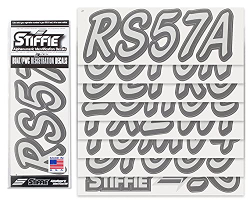 Stiffie Whipline Solid Metallic Silver/Carbon 3" Alpha-Numeric Registration Identification Numbers Stickers Decals For Boats & Personal Watercraft #TOP1