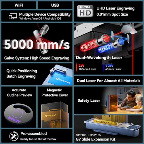 SCULPFUN Gravador a laser duplo G9 2 em 1, máquina de gravação a laser portátil de alta velocidade,