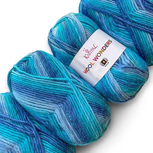 Wool Wonders Variegated Medium Heavy Worsted/Aran Weight Woolen Yarn for Knitting and Crochet, 30% Australian Wool and 70% Acrylic, 4 Skeins, 400g/640yds (Blue Waters)