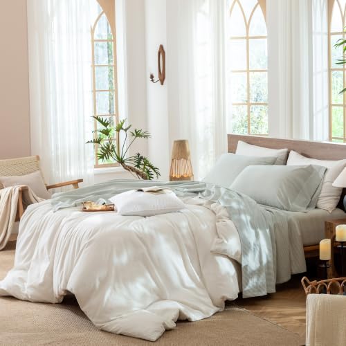 Image of MooMee Striped Sheet Set 100% Washed Cotton Linen Like King