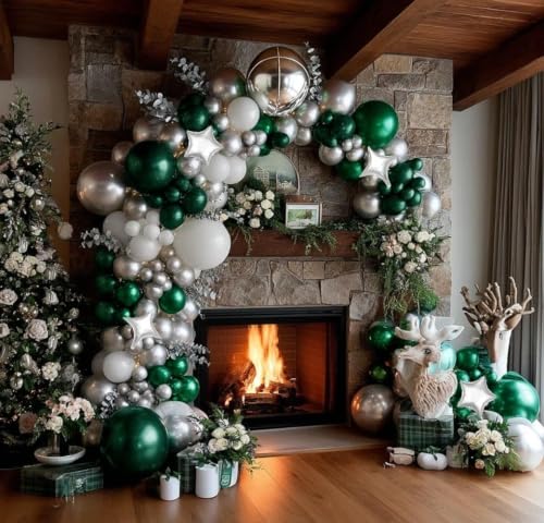Image of Emerald Green Silver Balloon Arch Double Stuffed White Pearl Balloon Kit | Dark Forest Green White with Silver Star Foil Balloon Garland for Birthday Christmas Anniversary Opening New Year Party Decor