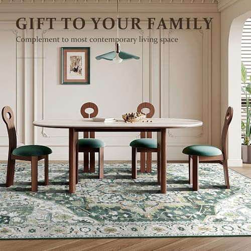 Green Boho Washable Area Rug 5x8 Vintage Rug for Living Room Bedroom Non Slip Low Pile Faux Wool Floor Carpet Farmhouse 5x8 Rug for Dining Room Office, Green/Multi