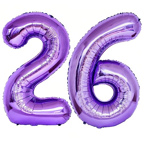 Image of Number 26 Purple Balloons 40 Inch Giant Purple Foil 26 Number Helium Balloons for 26th Purple Birthday Party Supplies 62th Anniversary Events Decorations