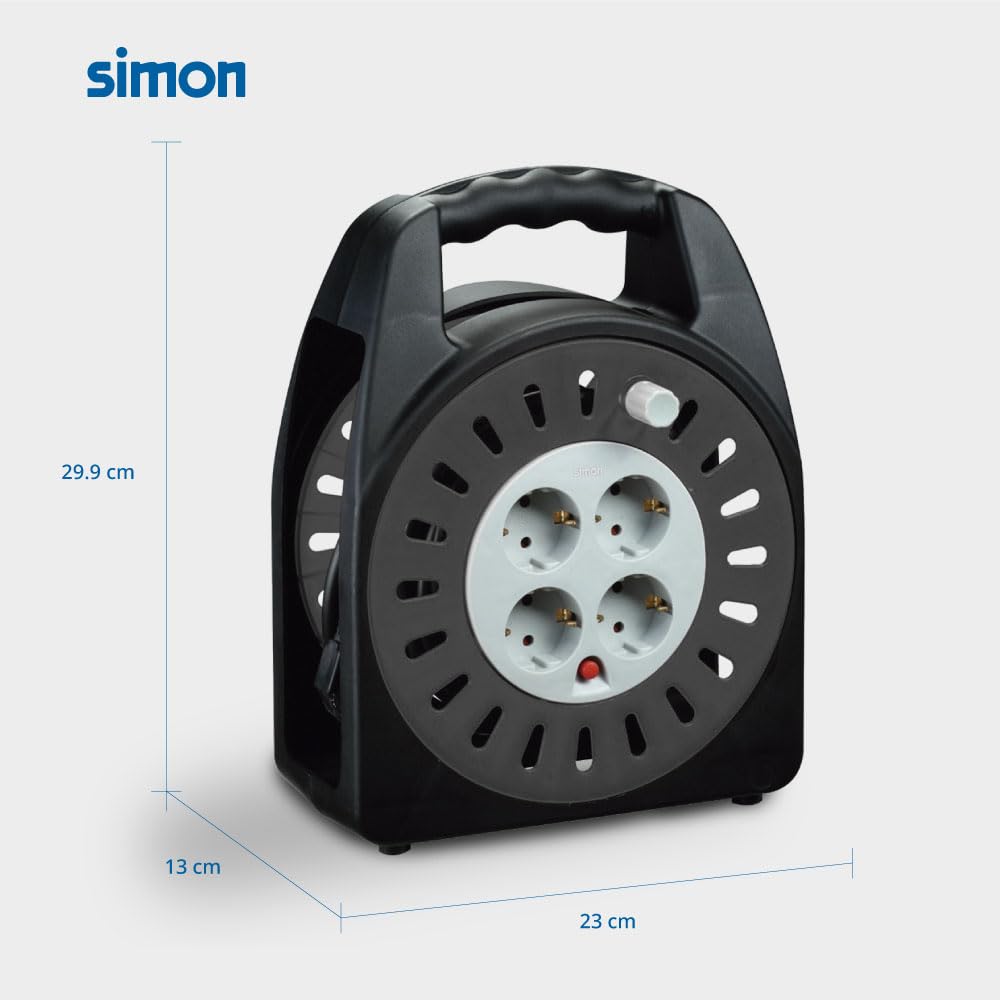 SIMON - Enrollacables Doméstico, Alargador Enchufe 15 M, 4 Tomas con Asa Transporte, Protección Sobretensiones, Apto Interiores (IP20), Enchufe Extensible, Color Negro y Gris