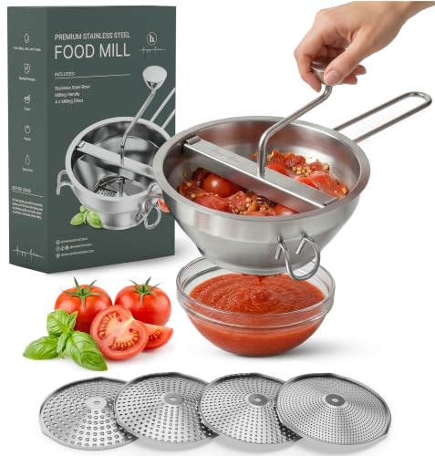 Premium 4-Disc Stainless Steel Food Mill – Ergonomic Rotary Hand Crank for Tomato Sauce, Canning, Applesauce, Baby Food, Mashed Potatoes, Puree & Jams