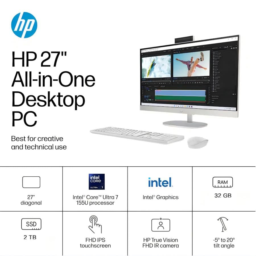 Image of HP All in One Desktop Computer, Windows 11 Pro, 27 inch FHD IPS Touchscreen, Intel Ultra 7-155U, 32 GB DDR5, 2 TB SSD, Adjustable Height, Built-in AI, FHD IR Camera, Wi-Fi 6, w /Accessories