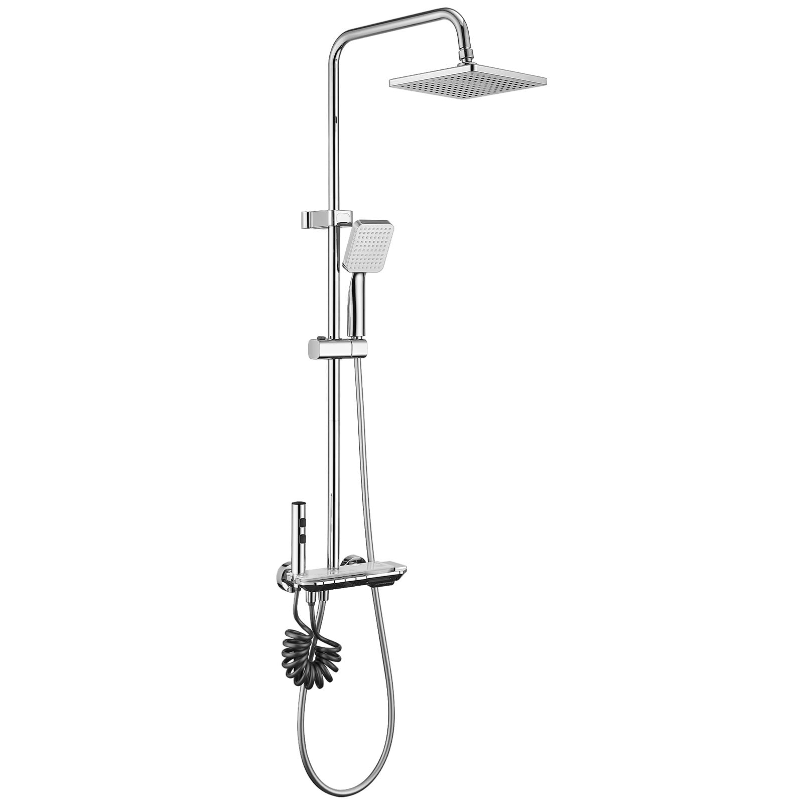 HOMELODY Bateria prysznicowa ze szklaną półką, prysznic ze strumieniem deszczowym z kranem i 30 cm, bateria prysznicowa z przyciskiem fortepianu, 4 rodzaje strumienia i 3-funkcyjny prysznic, zestaw