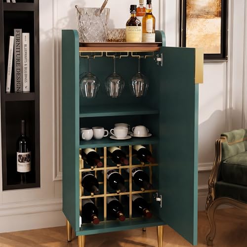 Image of ARTPOWER Mini Bar Cabinet for Apartment, Fluted Wine Bar Cart with Wine Racks & Wine Glass Holder, Modern Corner Liquor Cabinet for Living Room, Dining Room, Kitchen(Green)-2PCS