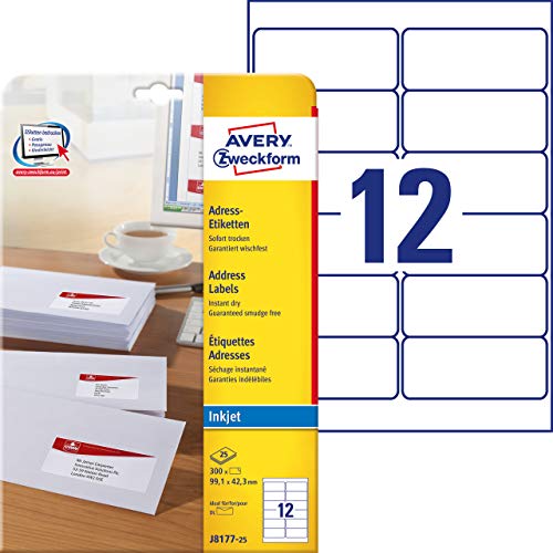 Avery Zweckform J8177-25 - Pegatinas de dirección Postal para sobre (99,1u00a0xu00a042,3u00a0mm, 25 Hojas, 300 Etiquetas), Color Blanco