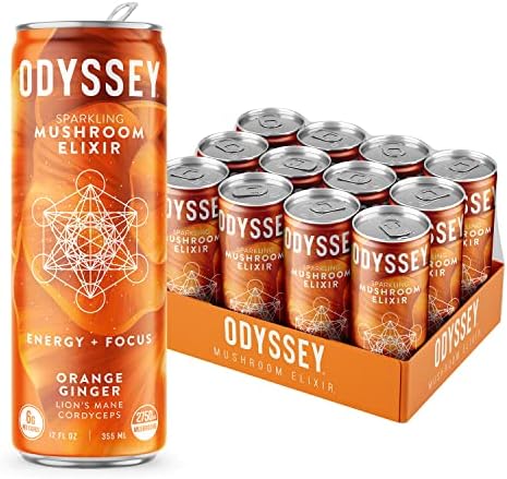 ODYSSEY ELIXIR - Sparkling Energy Mushroom Drink - Lions Mane & Cordyceps - Mental Focus & Stress Relief - Mushroom Coffee Alternative - Organic Caffeine - Adaptogens - Orange Ginger - 12oz / 12 Pack