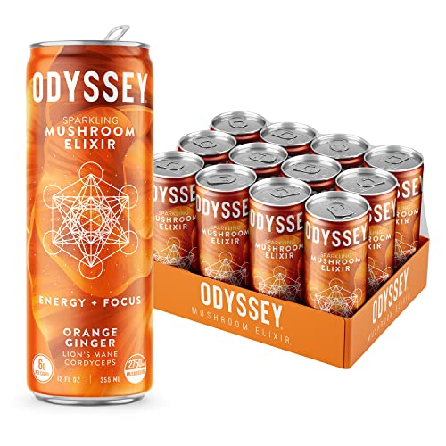 Odyssey Elixir - Sparkling Energy Mushroom Drink - Lions Mane & Cordyceps - Mental Focus & Stress Relief - Mushroom Coffee Alternative - Organic Caffeine - Adaptogens - Orange Ginger - 12Oz / 12 Pack #TOP13