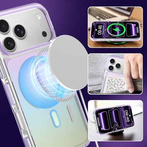 Image of Magnetic Case for iPhone 17 Pro Max [Compatible with Magsafe] [Anti-Yellowing] [1 Screen Protector] Slim Clear Iridescent Case for iPhone 17 Pro Max 6.9 inch 2025, Purple