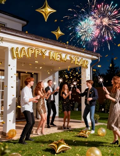Image of Gold Happy New Year Balloons Set, 16 Inch Gold Foil Letter Balloons with Star Balloon, 2026 New Year Eve Party Decorations, Festive Celebration Supplies for Countdown, Home, Bar & Photo Booth Decor
