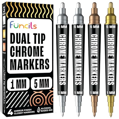 Funcils Chrom Lackstift Set - 4 Lackstifte Dual Spitze: 2x Silber, 1x Gold, 1x Kupfer | Lackstift Silber Metallic Auto, Chrom Farbe Gold, | Silberstift Metallic wasserfest für Auto, Glas, Metall Funcils Chrom Lackstift Set - 4 Lackstifte Dual Spitze: 2x Silber, 1x Gold, 1x Kupfer | Lackstift Silber Metallic Auto, Chrom Farbe Gold, | Silberstift Metallic wasserfest für Auto, Glas, Metall