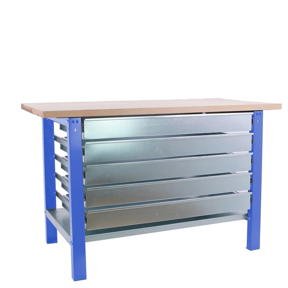 SimonRack Banco de Trabajo Taller, Capacidad Carga 1000 kg, 865x1500x750 mm, Mesa de Trabajo, 5 Cajones, Azul/Haya - BT6 PRO | Tablero Madera Alistonada 32 mm, Capacidad Carga 1000 kg, Madera Haya, Azul , Pintura anticorrosión
