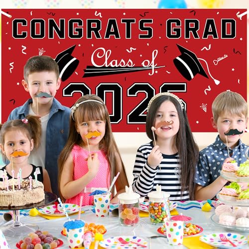 Image of Graduation Decorations 2026 2027 - Red Polyester Graduation Backdrop - Graduation Party Decorations - Congrats Grad Banner - Graduation Decorations Class of 2026,Graduation Party Favors Supplies Yard Sign