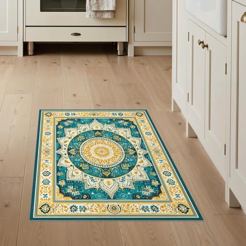 ODIKA 3'x5' Teal Gold Medallion Center with Ivory Washable Throw Rug