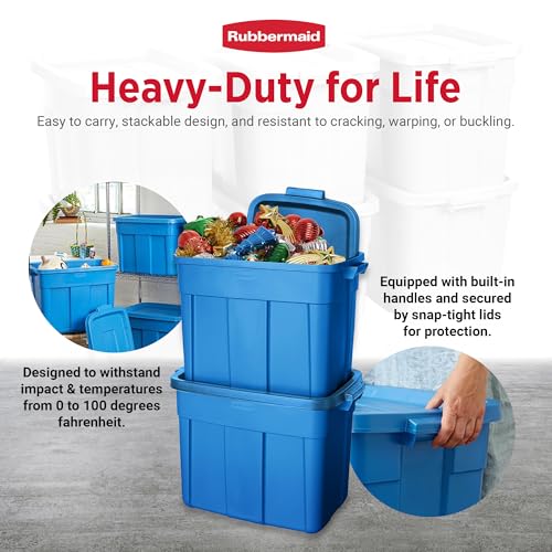 Image of Rubbermaid Roughneck Tote 18 Gal, 6 Pack, Made in USA, Heritage Blue, Rugged Plastic Stackable Storage Bins with Lids and Handles