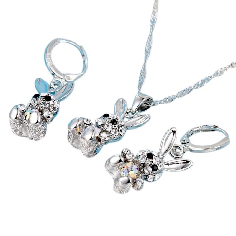 Boucles d'oreilles pendantes lapin et collier argent anti-allergie