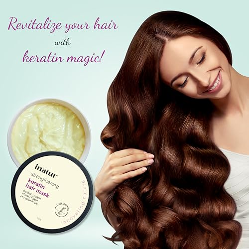 Image of inatur Keratin Hair Mask | Strengthening & Nutri-Repair Mask for Damaged & Color-Treated Hair | Control Frizz & Restores Smoothness | With Baobab oil, Wheat Protein & Pro-Vitamin B5 | 200g