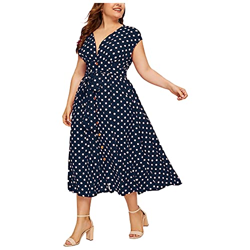 Kleider Damen Lang Sommer Große Größen Punkte Sommerkleid Damen Elegant V Ausschnitt mit Knöpfen Kleid A Linie Für Mollige Frauen Kurzarm Maxi...