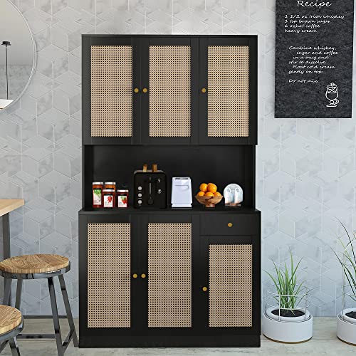 Wirrtory 71” Rattan Freestanding Kitchen Pantry Storage Cabinet, Buffet Cupboards Sideboard Modern Hutch Cabinet With 6 Doors & Drawer For Kitchen Living Room (Black) #TOP21