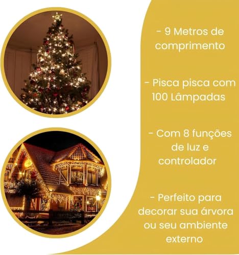 Pisca Pisca Luzes de Arvore de Natal Linha Premium LED Branco Quente 8 Funções - Cordão de 100 Leds